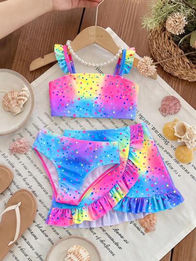 SHEIN Bộ bikini phối màu chấm bi viền bèo nhún cho bé gái, thích hợp cho kỳ nghỉ hè ở bãi biển.