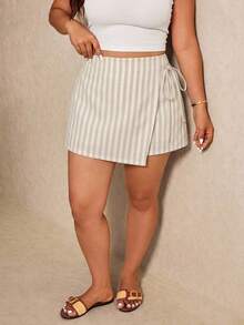 Elaquor Plus Size Women's Striped Asymmetric Hem Side Waist Tie Vacation Skort - Multicolor - View 5