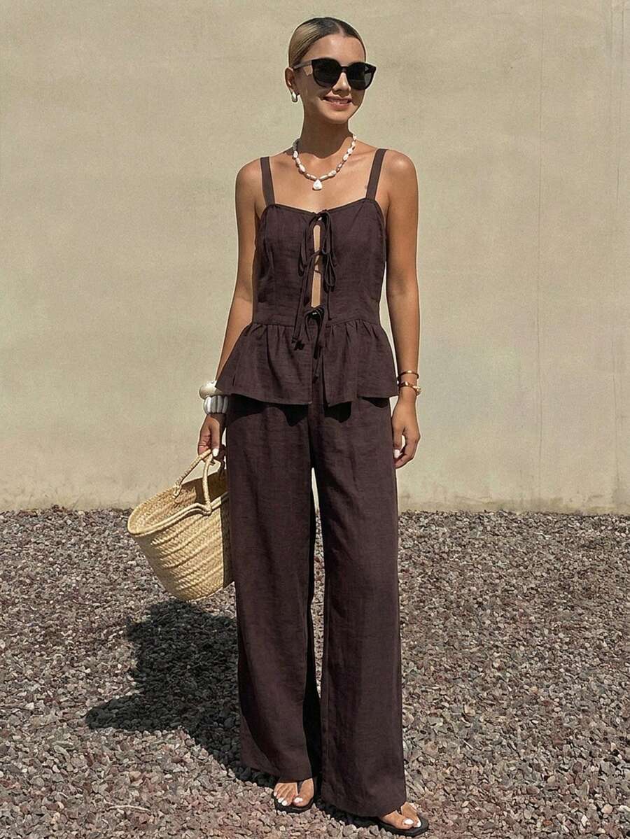Livesso Spring/Summer Dark Brown Casual French 2-Piece Set For Women, V-Neck Ruffle Tie Strap Top And Long Pants, Suitable For Vacation, Commute And Office - Brown - View 1