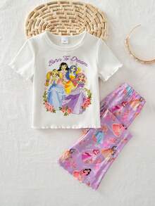 SHEIN Young Girl' White Ribbed Princess Graphic Short Sleeve Top And Pants Casual Outfit, Suitable For Outings And Gatherings - Purple - View 7