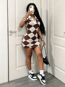 BamGleam Summer New Retro Brown & White Argyle Polo Collar Sleeveless Bodycon Mini Dress - Multicolor - View 4