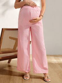 SHEIN Pink Vertical Striped Casual Wide Leg Pants, Elastic Waist Drawstring Design, Draping Slimming, Versatile Maternity Pants Gender Reveal Autumn - Pink - View 4