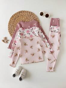 SHEIN 6-Piece Set Baby Girls Bear Flower Cherry Print Top And Pants - Pink - View 2