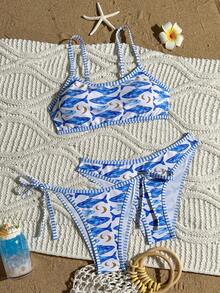 Swim Mod Swim2026 新款女款 3 件組海洋系列印花三角掛脖比基尼泳衣套裝，可愛女孩度假泳裝套裝，多種穿搭選擇，可互換，附綁帶蝴蝶結設計，適合夏季穿著 - 藍色 - 查看 3