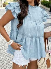 Vionelle Plus Size Women's Solid Color Loose Ruffle Patchwork Doll Blouse - Mint Blue - View 1