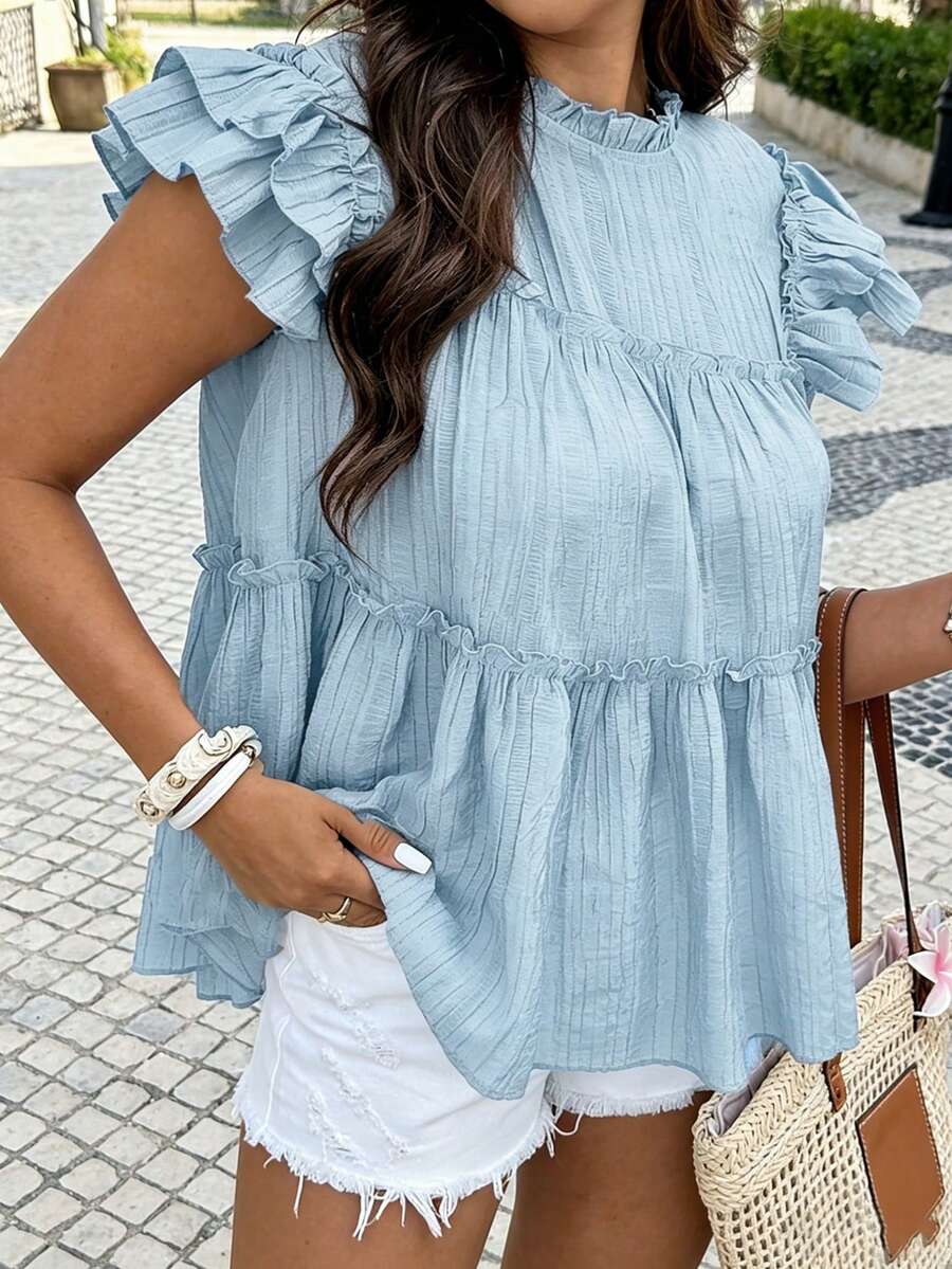 Vionelle Plus Size Women's Solid Color Loose Ruffle Patchwork Doll Blouse - Mint Blue - View 1