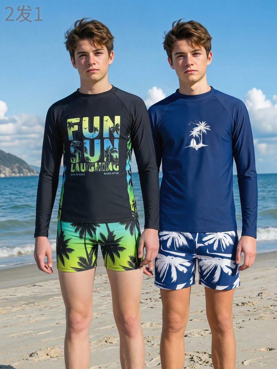 SHEIN 2件套青少年男童休闲度假印花长袖泳衣和泳裤 - 彩色 - 查看 1