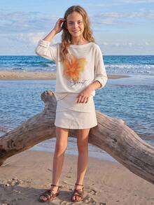 DAZY Oversized Tween Girl Asymmetric Neck Floral Print Loose T-Shirt - White - View 8