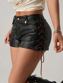SHEIN ICON Women's PU Leather Tie-Up Design Fashion Shorts - Black - View 7