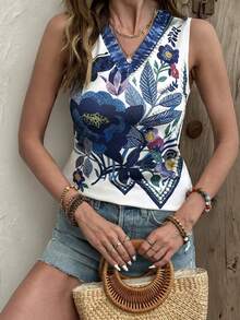 SHEIN Women's Summer Vacation Embroidered Denim Effect Effect Patchwork V-Neck Camisole Blue And White Casual - White - View 3
