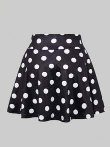 SHEIN 青少年女孩波點二合一裙褲，夏季高腰A字迷你裙內含短褲，修身甜美學院風休閒女童下身褲 - 黑與白 - 查看 5