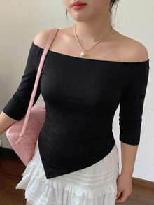 Dazy Plus Plus Size Solid Color Off Shoulder Asymmetric Hem T-Shirt - Black - View 3