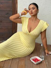 Dazy Plus Plus Size Women's Deep V-Neck Wrap Maxi Dress, Vacation Style Beach Dress, Yellow, Spring/Summer - Yellow - View 1