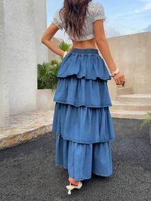 SHEIN Women's Elastic Waist Pleated Casual Versatile Date & Outing Denim Skirt - Blue - View 2