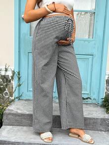 SHEIN 可調腰圍格紋休閒百搭孕婦褲，適合日常穿著 - 黑色 - 查看 6