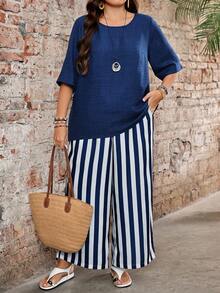 EMERY ROSE Plus Size Women's Solid Color Round Neck Short Sleeve Shirt And Striped Wide Leg Pants Casual 2-Piece Set Vacation Navy Blue Summer - Blue and White - View 1