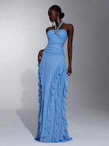 Elitara Elegant, Simple, Minimalist, And Stylish, Light Blue Stretch Mesh Fabric With Handcrafted Metal Embellishments, Ruffled Hem, Halter Neck, Pleats, Sexy Open Back, And A Small A-Line Train. Suitable For All Weddings, Formal Occasions, Dates, Parties, Birthday Parties, And Bridesmaid Dresses. - Baby Blue - View 6