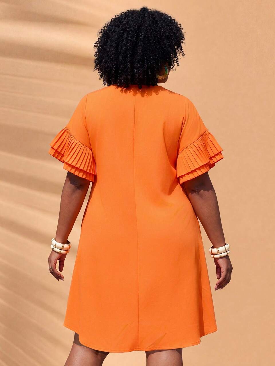 Plus Size Women Solid Color Round Neck Pleated Ruffle Cuff Loose Dress Summer Spring Clothing Beach Outfits For Women Vacation Outfits