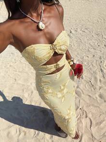 Opulessa Women's Pale Yellow Summer Strapless Hollow Out Fishtail Dress,Seductive Knit Fitted Mermaid Gown For Dinner,Elegant Beach Vacation Bohemian Outfits - Yellow - View 7