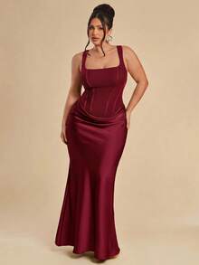 SHEIN BAE Elegant Mesh Ribbon Pleated Dress, Plus Size - Burgundy - View 5