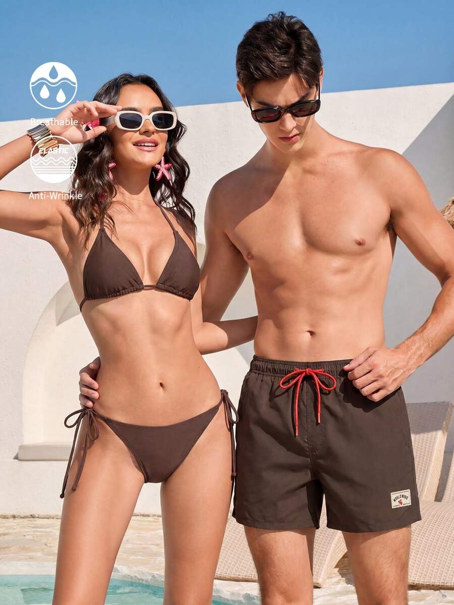 CoralVoy Pantalones cortos de playa tipo cargo con cintura con cordón y bolsillos para hombre, uso diario, vacaciones - Marrón - Ver 1