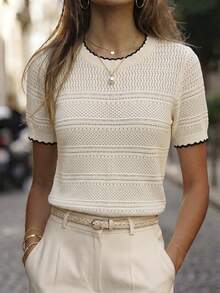 SHEIN Holidaya Women's Hollow-Out Knit Short Sleeve Top Teachers' Day Summer Casual - Apricot - View 5