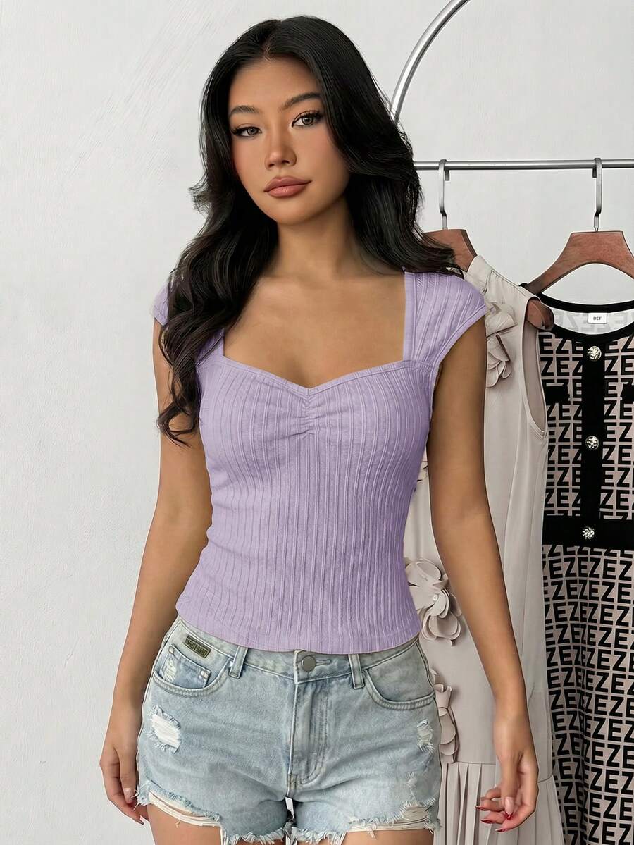 Teen Girl Summer Casual Vacation Daily Commute Minimalist Solid Color Textured Fabric Sweetheart Neckline Ruched Bust Fitted Top - Purple - View 1