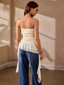 Selianne Damen Sommer Neue Aprikose Mesh Transparente Bandeau Geraffter Taille Asymmetrischer Saum Sexy Elegant Modisch Bequem Vielseitig Urlaub Streetwear Urban Chic Minimalistisch Bluse - Aprikosenfarben - Übersicht 4