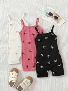 SHEIN Bộ 3 món: Áo liền quần hai dây dệt kim màu trơn cho bé gái + Áo liền quần dệt kim họa tiết hoa nhiều màu sắc kiểu dáng thường ngày - Nhiều màu - Xem 1