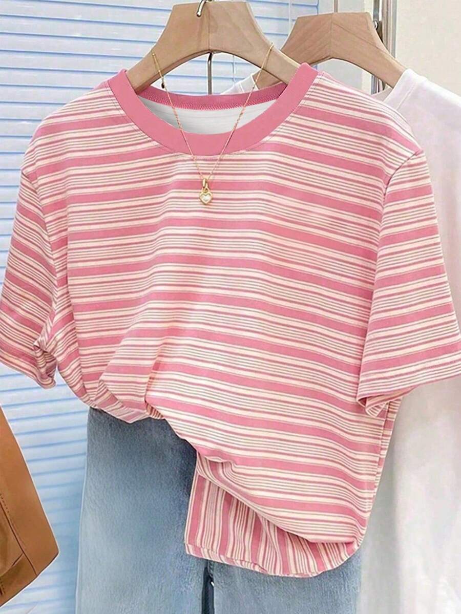 SHEIN Áo thun nữ tay ngắn họa tiết sọc nhiều màu cổ điển, dáng rộng, cổ tròn, size lớn cho mùa hè - Nhiều màu - Xem 1