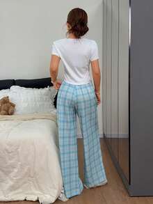 Napfluff Casual Plaid Knit Short Sleeve Pajama Set, Suitable For Loungewear And Outdoor Wear - Blue - View 2