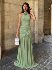 Firerie Elegant Powder Blue Floral Ruched Bust Mesh Overlay Fishtail Maxi Bridesmaid Dress Green Wedding - Mint Green - View 6