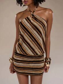 Normani Summer Festival Party Night Out Vacation Beach Graduation Elegant Sexy Country Y2k Women's Contrast Color Brown Striped Backless Halter Mini Dress - Coffee - View 7