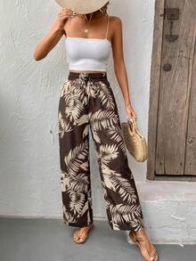 SHEIN Frenchy Women's Casual Vacation Style Tropical Plant Print Drawstring Waist Loose Wide Leg Long Pants - Brown - View 3