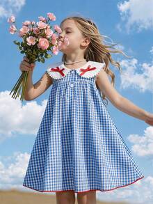 SHEIN Elladie kids 女童休閒藍色格紋洋裝，甜美3D蝴蝶結、荷葉邊飾、圓領開胸設計，優雅適合日常穿著、度假與通勤 - 藍色 - 查看 4