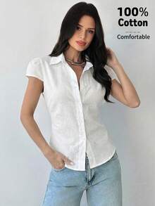 Firerie Camisa de manga corta a rayas azules y blancas para mujer, camisa con cintura anudada, camisa casual para ir al trabajo, camisa de vacaciones, camisa a rayas con cintura ceñida, adecuada para primavera, verano, otoño e invierno, elegante, vacaciones, bohemia, atuendo de trabajo - Blanco - Ver 6
