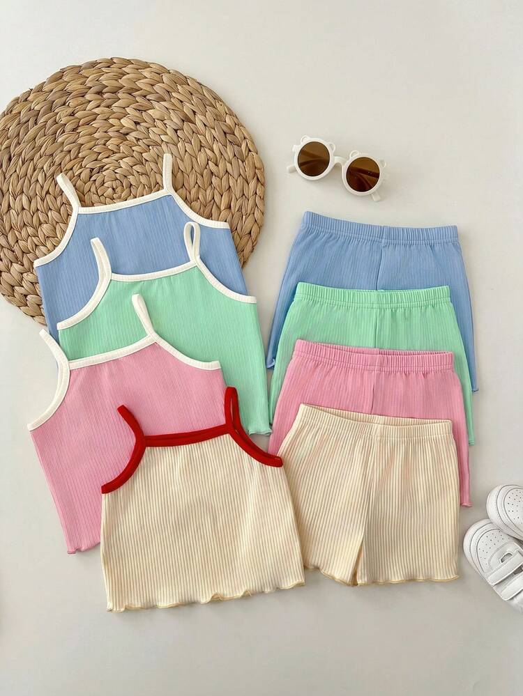 SHEIN Baby Girl Ribbed Camisole And Shorts Casual Set - Multicolor - View 2