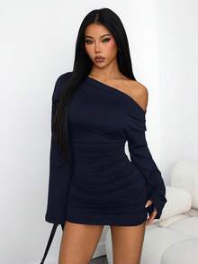 SHEIN PETITE 女款時尚性感純色不對稱領口迷你洋裝，適合嬌小女性 - 藏蓝色 - 查看 3