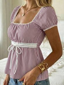 CovetEZ 休閒極簡日常百搭酒紅白條紋舒適居家服，可愛海灘度假穿搭女款夏季蕾絲滾邊泡泡袖蝴蝶結T恤 - 彩色 - 查看 5