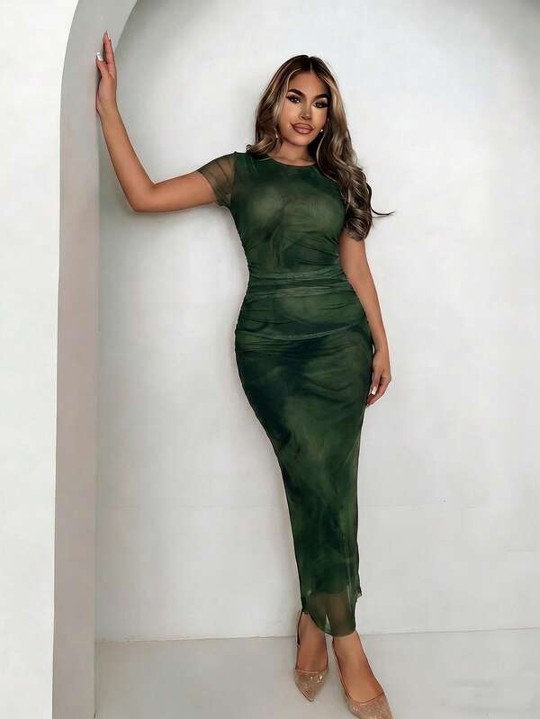 Xyvia Women's Olive Green Gradient Elastic Mesh Round Neck Short Sleeve Ruched Waist Side Slit Bodycon Elegant Dress, Spring/Summer Party Night