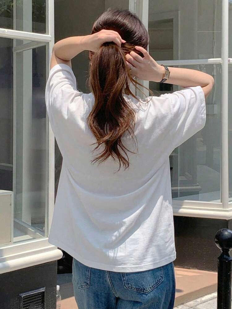 Bow Embroidery Loose Short Sleeve Round Neck T-Shirt For Women