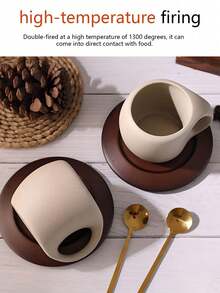 Zazumi 1pc Retro Ceramic Coffee Cups And Plates, With Wooden Coasters And Metal Spoons, Handcrafted Rough Pottery Design, Personalized Coffee Cup Set For Couples, Returning To School Life - Multicolor - View 7