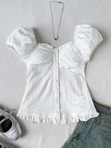 SHEIN 青少年女孩不對稱肩緹花休閒時尚百搭親子上衣 - 白色 - 查看 4