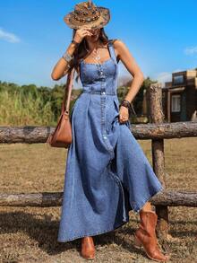 SHEIN Tall Đầm denim nữ không tay cài cúc phía trước, kiểu dáng thường ngày. - Màu xanh lam - Xem 7