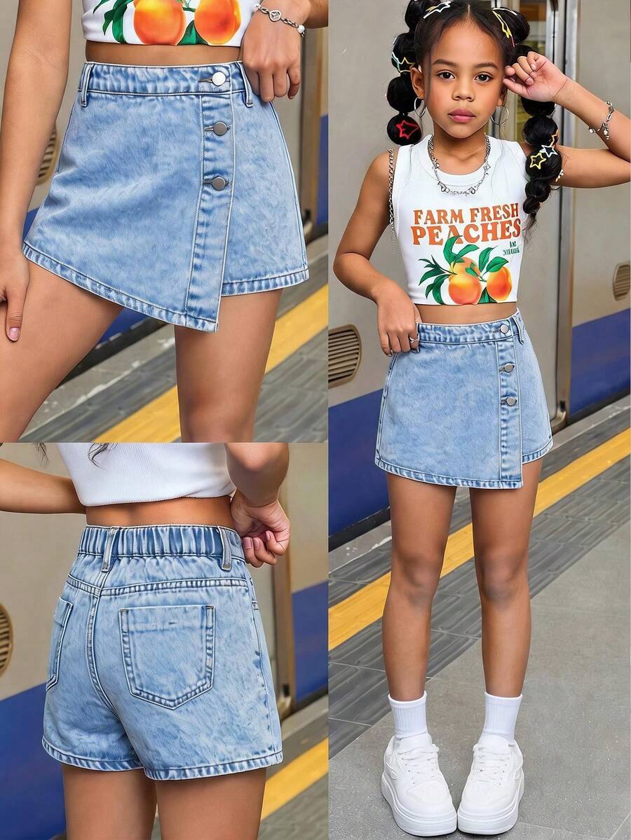 SHEIN 青少年女孩夏季 Y2K 休閒波希米亞風不對稱鈕扣牛仔裙褲,適合夏季度假與日常街頭穿搭 - 淺色水洗藍 - 查看 1