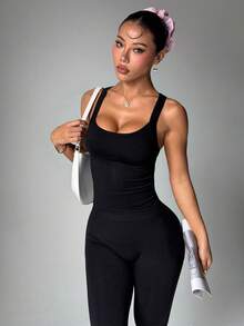 SHEIN 女款無縫背心與內搭褲瑜伽套裝 - 黑色 - 查看 5