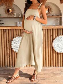 SHEIN Maternity Summer Elegant Casual Minimalist Solid Color Shoulder Tie Strap Dress Photoshoot - Khaki - View 6