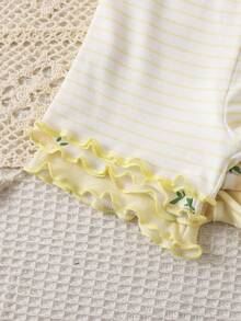 SHEIN Playful Pals 6件/組女嬰荷葉領多色組合上衣配彈性腰短褲套裝，舒適休閒可愛春/夏/秋季穿搭 - 彩色 - 查看 4
