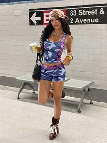 StreetHx Women's Fashion Camouflage Print Tank Top And Shorts 2 Pieces Set - Multicolor - View 5