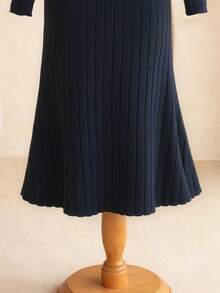 Girls' Simple Elegant Fashion Turtleneck Raglan Sleeve Long Sleeve Fitted Long Solid Color Fuzzy Ribbed Fabric Basic Dress, Autumn/Winter - Navy Blue - View 3